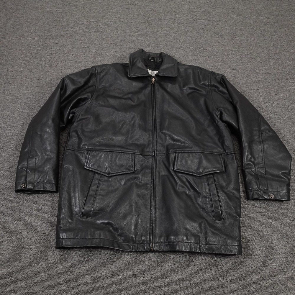 Vintage Amherst Collection Coat Mens XL Black Leather Zip Overcoat Warm Lined